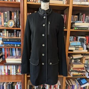 Bogner sleek black stretch knit coat with standup collar sz 10 euc
